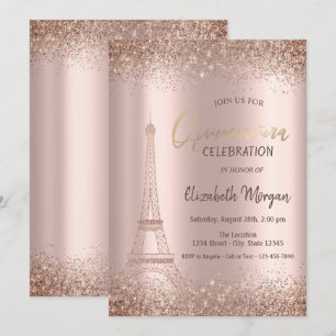 Convite Ouro Rosado Brilho Eiffel Confete Quinceañera