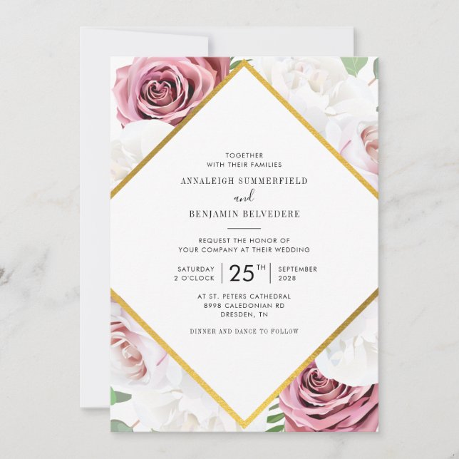 Convite Ouro Rosé e Branco Floral Geométrico Casamento (Frente)