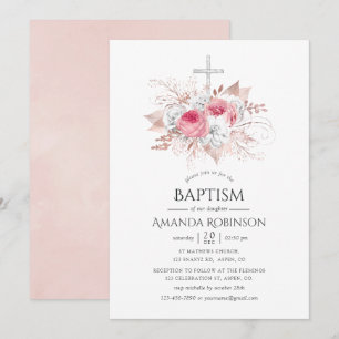 Convite Ouro Rosé e Floral Bege Batismo ou Batizado