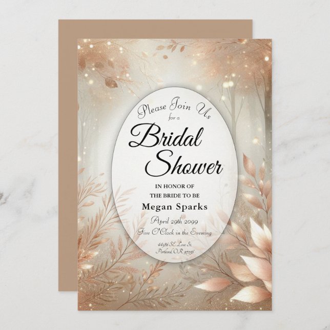 Convite Ouro Rosewood - Chá de panela florestal entalado (Frente/Verso)