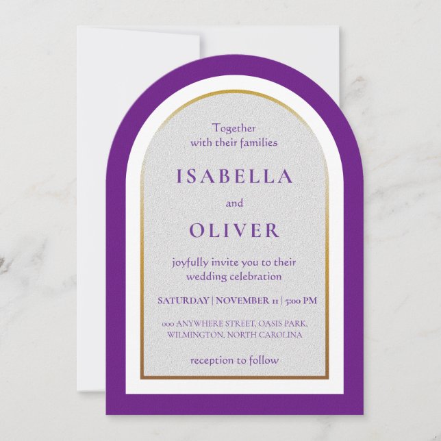 Convite Ouro roxo e casamento simples branco (Frente)