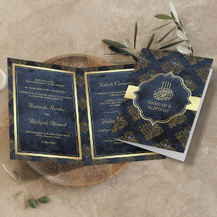 Convite Ouro Rústico Azul Marinho Damask Casamento Muçulma