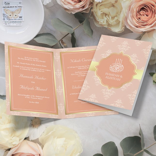 Convite Ouro Rústico Pastel Pêssego Damasco Casamento Muçu (Criador carregado)