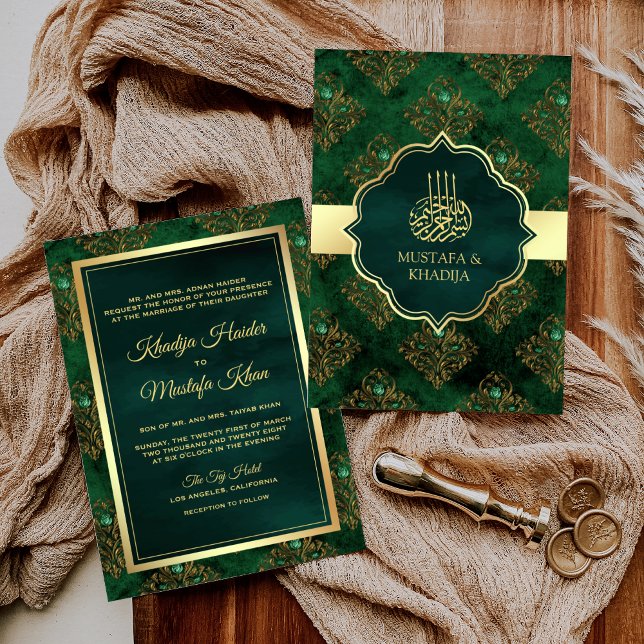 Convite Ouro Rústico Verde Esmeralda Damasco Casamento Muç (Criador carregado)