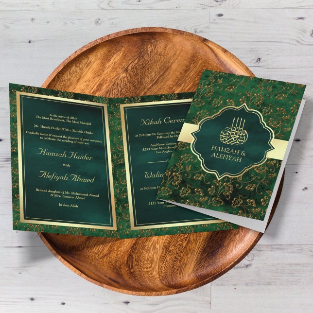Convite Ouro Rústico Verde Esmeralda Filigrana Casamento M (Criador carregado)