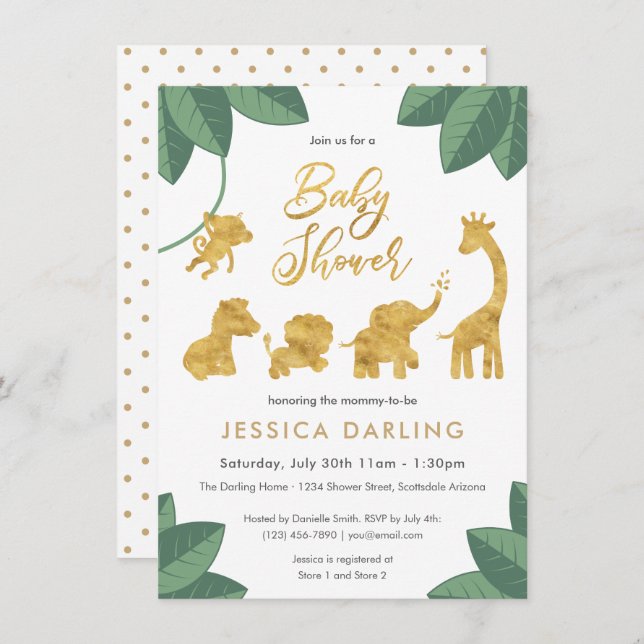 Convite Ouro safari chá de fraldas neutro em termos de gên (Frente/Verso)