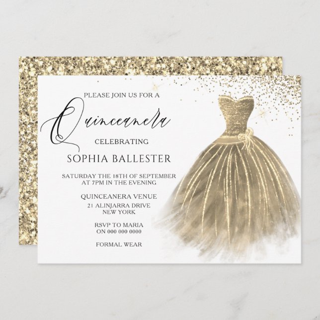 Convite Ouro Sepia Dourado Palhaço Glitter Quinceanera (Frente/Verso)