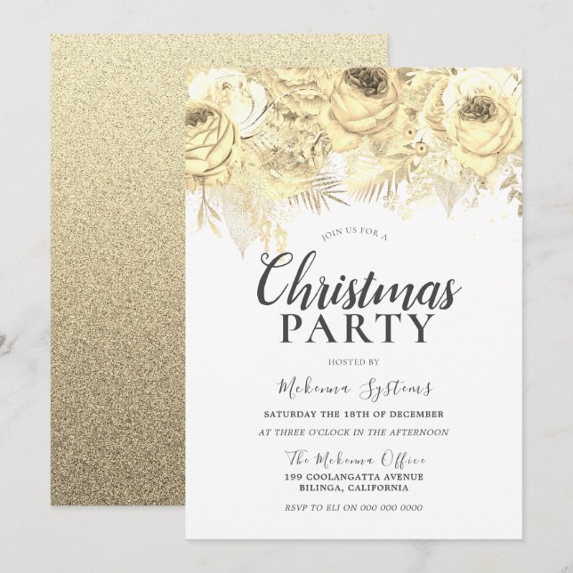 Convite Ouro Sparkle Flowers Corporate Christmas Party (Frente/Verso)