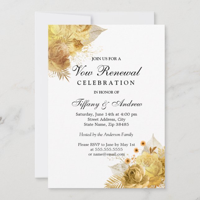 Convite Ouro Sparkle Flowers Vow Renewation Invitation (Frente)