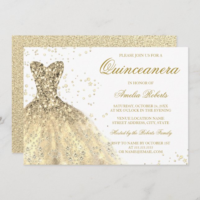 Convite Ouro Sparkle Glitter Dress Quinceanera (Frente/Verso)