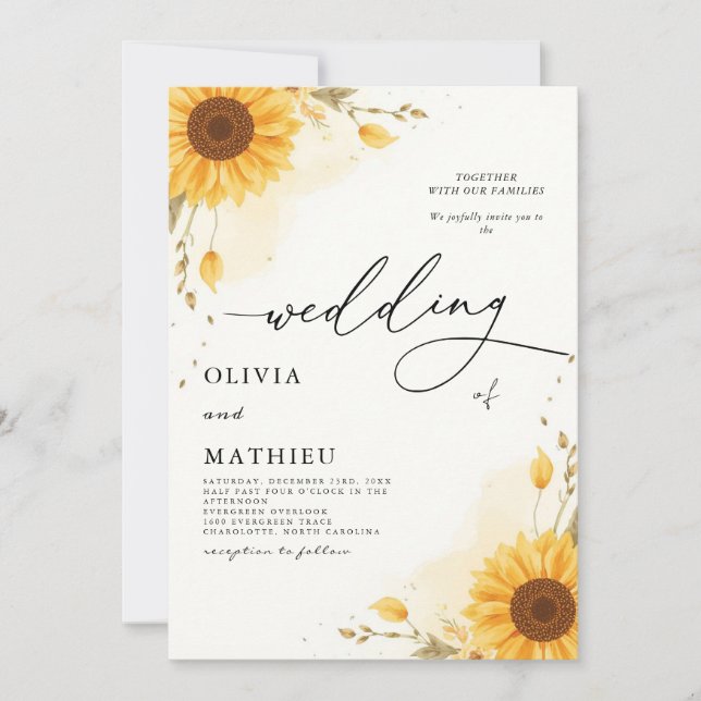 Convite Ouro Sunflower Botanical Romance Weding (Frente)
