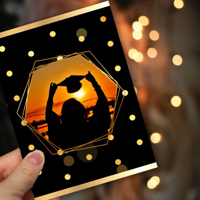 Convite Ouro Sunset Graduação (#graduationsunset #zazzlemade #addphoto #classof2025 #blackandgold #luxury #romantic)