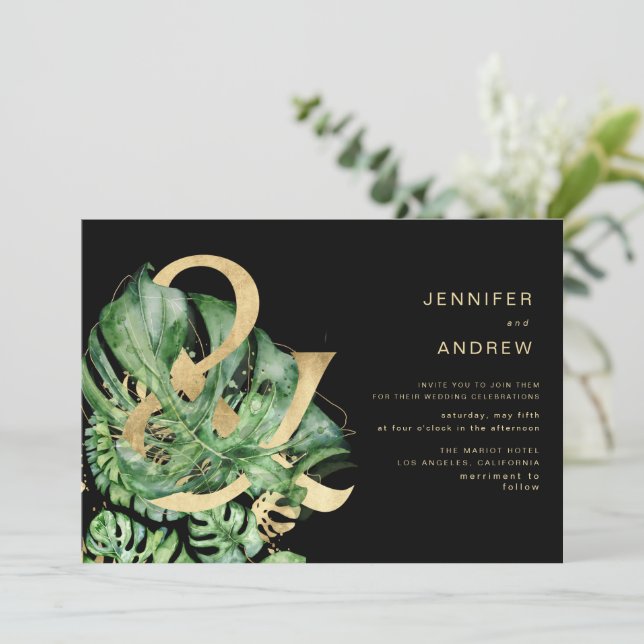 Convite Ouro Tropical Foliage Ampersand Wedding (Em pé/Frente)