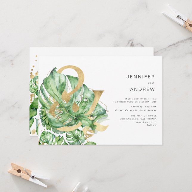 Convite Ouro Tropical Foliage Ampersand Wedding (Frente/Verso In Situ)