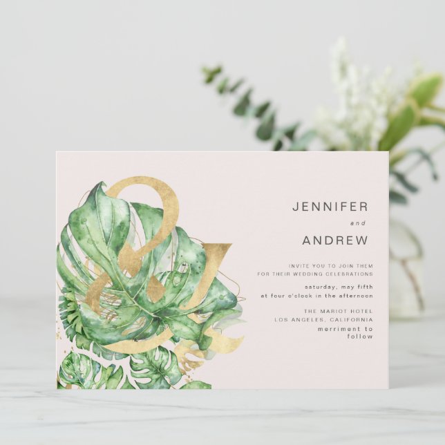 Convite Ouro Tropical Foliage Ampersand Wedding (Em pé/Frente)