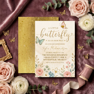Convite Ouro, uma pequena borboleta a caminho baby shower