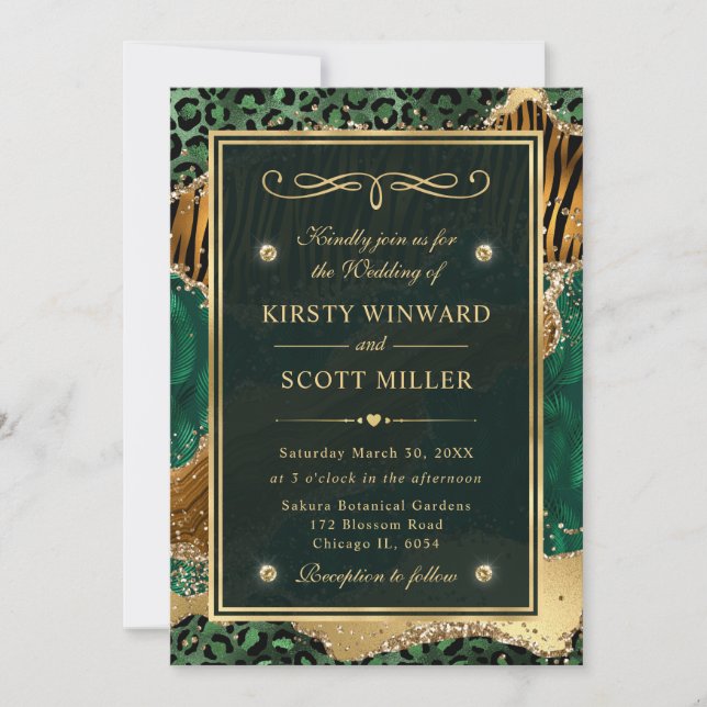 Convite Ouro Verde Brilho Casamento Ágata da Selva (Frente)