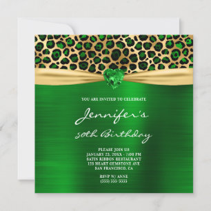 Convite Ouro Verde Leopardo Folha Gema Coração Aniversário