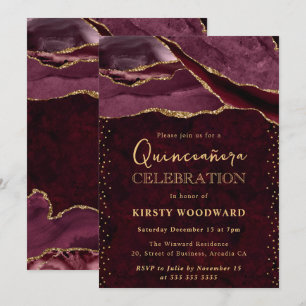 Convite Ouro Vermelho Ágata Brilhante Quinceanera