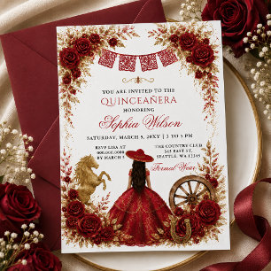 Convite Ouro Vermelho Cavalo Ocidental Floral Charra Quinc
