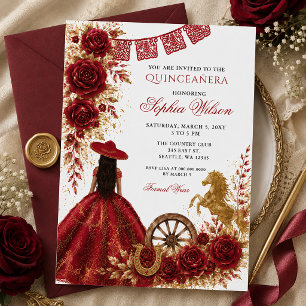 Convite Ouro Vermelho Cavalo Ocidental Floral Charra Quinc
