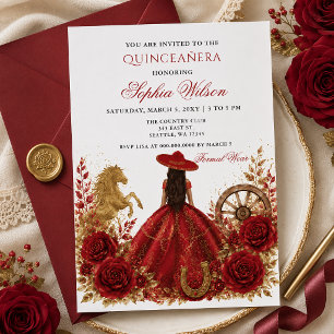 Convite Ouro Vermelho Cavalo Ocidental Floral Charra Quinc