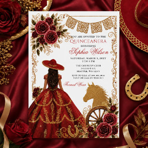 Convite Ouro Vermelho Cavalo Ocidental Floral Charra Quinc