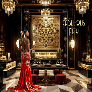 Convite Ouro Vermelho Fabuloso Quarto Art déco Mulher Étni