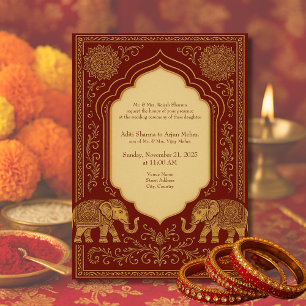 Convite ouro vermelho hindu elefante ornamentado mandala c