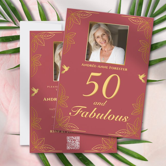 Convite Ouro Vermelho Moderno 50 Código QR de Aniversário  (Criador carregado)