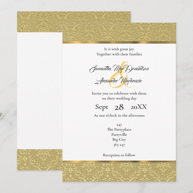 Convite Ouro vintage casamento tema damasco (Frente/Verso)
