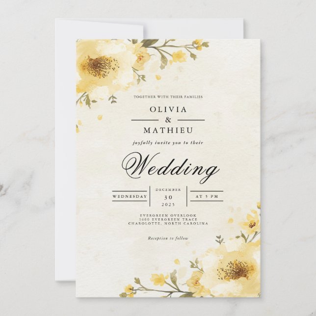 Convite Ouro Yellow Floral Whimsy Casamento (Frente)