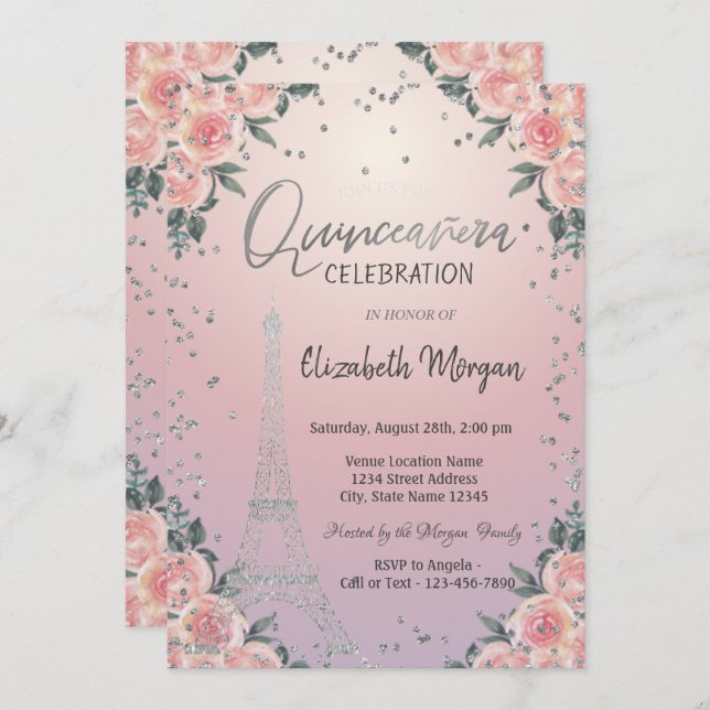 Convite Ouros de Torre Eiffel Flores Rosa Quinceañera (Frente/Verso)