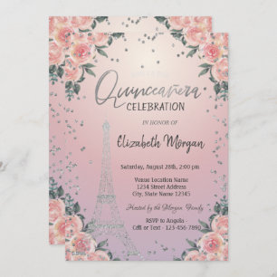 Convite Ouros de Torre Eiffel Flores Rosa Quinceañera