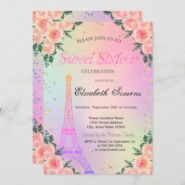 Convite Ouros de Torre Eiffel Rosa Holographic Sweet 16 (Frente/Verso)