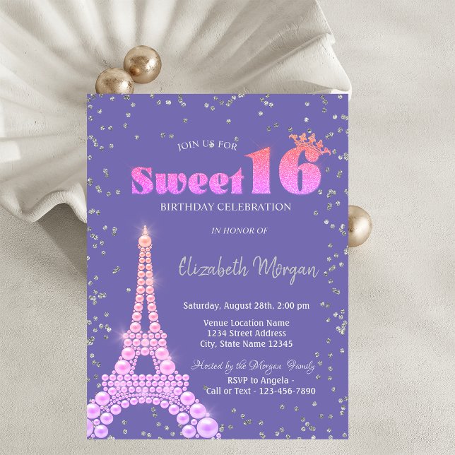 Convite Ouros de Torre Eiffel Violet Sweet 16 (Criador carregado)