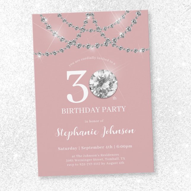 Convite Ouros Elegantes - aniversário de 30 anos Rosa Esbr (Elegant Diamonds Blush Pink 30th Birthday Invitation)