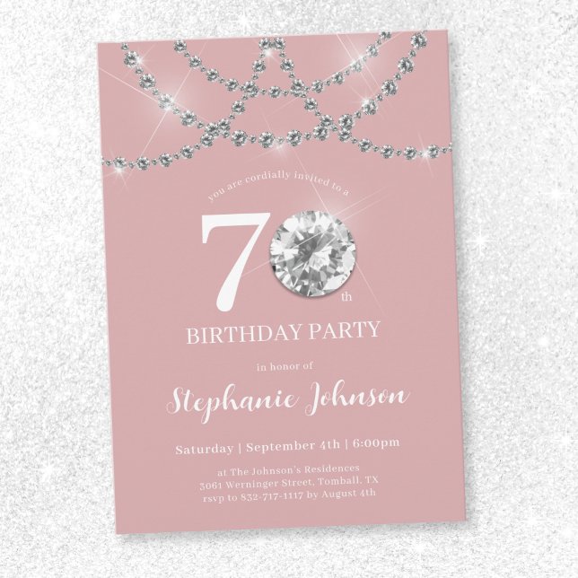 Convite Ouros Elegantes - Aniversário do 70 Rosa Esmagador (Elegant Diamonds Blush Pink 70th Birthday Invitation)