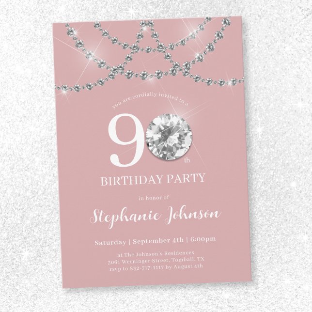 Convite Ouros Elegantes - Aniversário do 90 Rosa Esmagador (Elegant Diamonds Blush Pink 90th Birthday Invitation)
