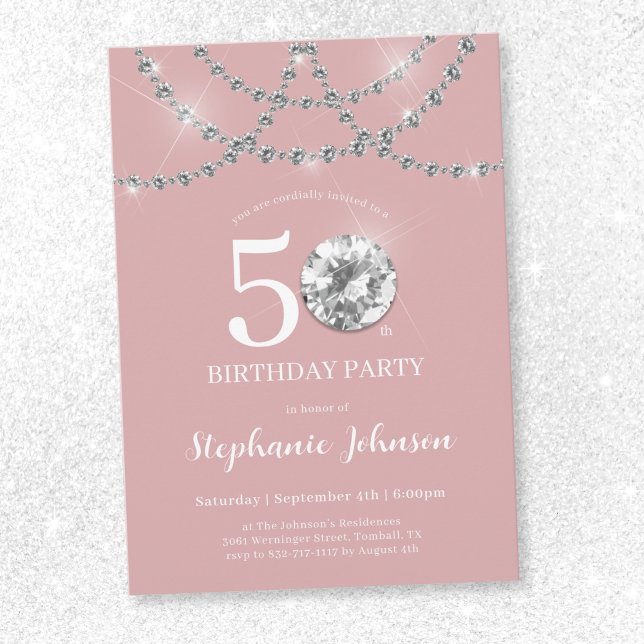 Convite Ouros Elegantes Blush Pink 50º Aniversário (Elegant Diamonds Blush Pink 50th Birthday Invitation)