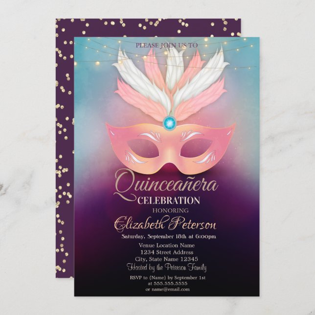 Convite Ouros,Masque,Luzes,Masquerad Quinceañera (Frente/Verso)