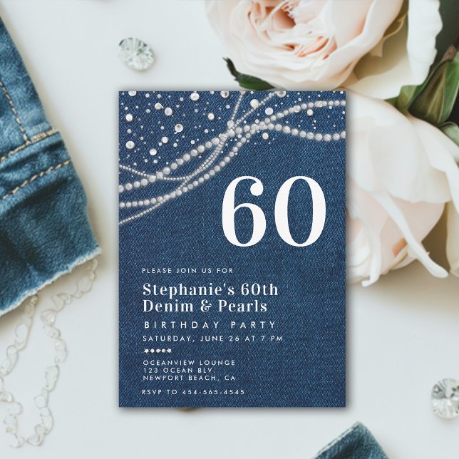 Convite Ouros Pearls Denim Elegant Classy 60º Aniversário (denim and diamonds pearls 60th birthday invitation women elegant classy modern chic)