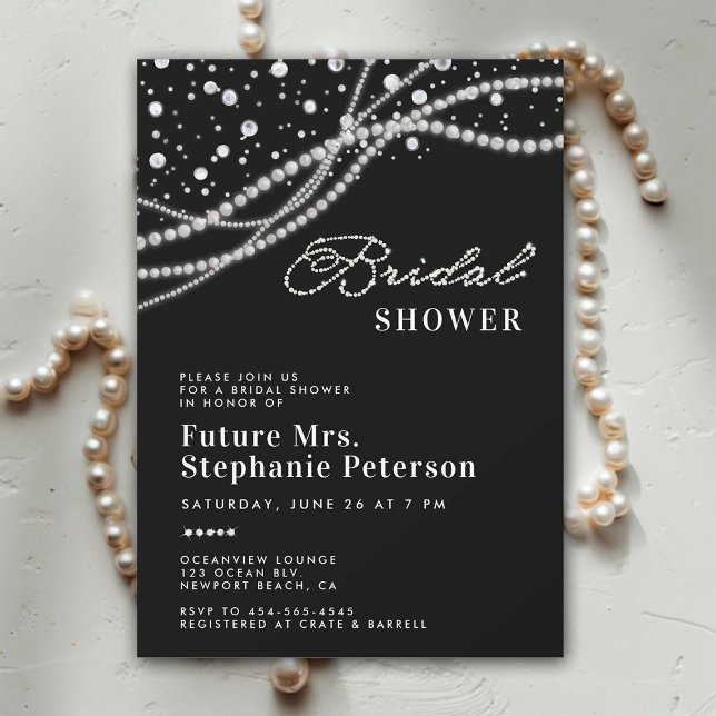Convite Ouros Pérolas Chá de panela Branco Elegante Preto (diamonds pearls bridal shower invitation black white elegant classy bling romantic feminine rustic)