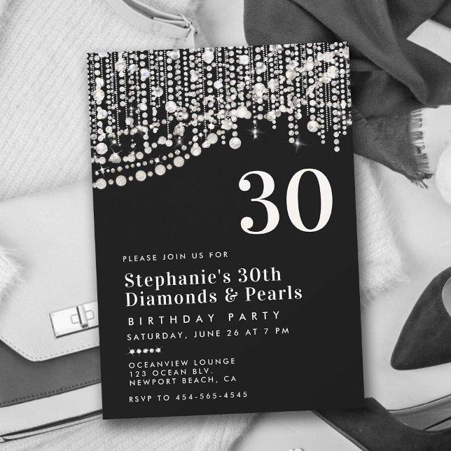 Convite Ouros Pérolas Fringe Black White aniversário de 30 (diamonds and pearls black and white 30th birthday invitation for women elegant classy glam feminine )