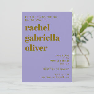 Convite Ousado Retro Roxo Dourado Simples Fofo Bat Mitzvah