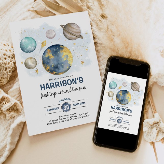 Convite Outer Space 1st Birthday Galaxy Moon Stars Planets (Criador carregado)