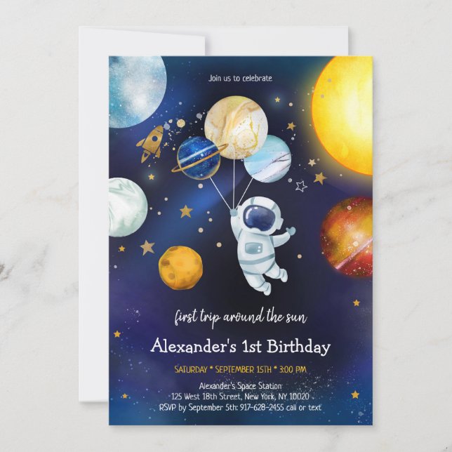 Convite Outer Space Astronaut Planet Galaxy 1st Birthday (Frente)