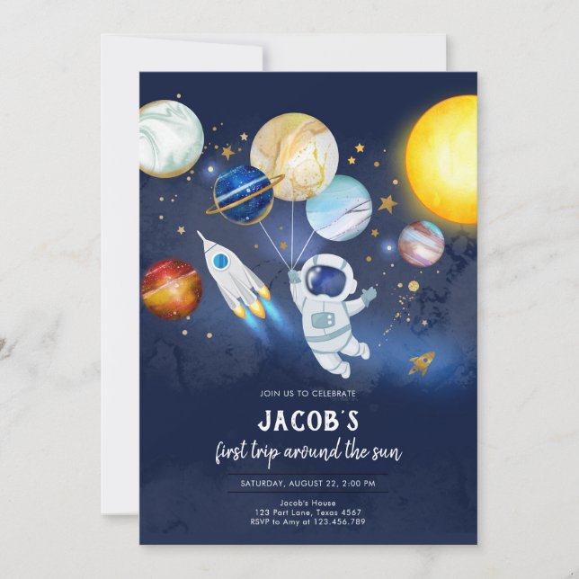 Convite Outer Space Astronaut Planet Galaxy Birthday (Frente)