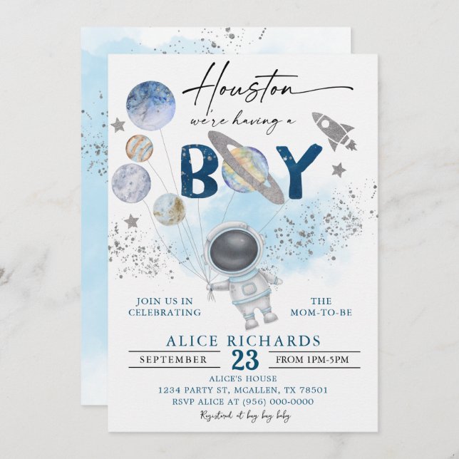 Convite Outer Space Boy Baby Shower Galaxy Baby Shower (Frente/Verso)