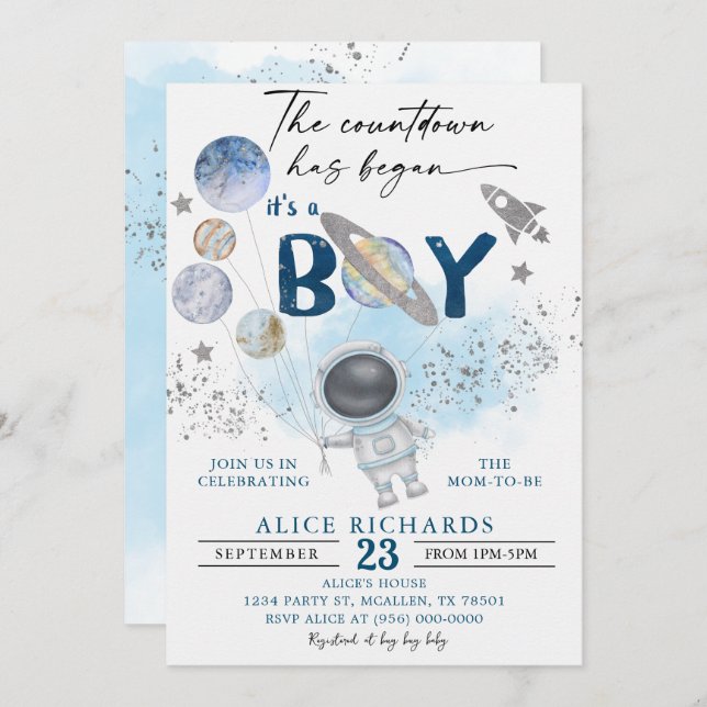 Convite Outer Space Boy Baby Shower Galaxy Baby Shower (Frente/Verso)